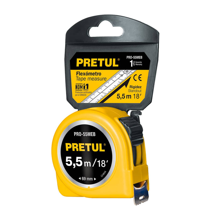 Flexómetro amarillo 5.5 m cinta 25 mm, en tarjeta, Pretul 28022 PRO-55MEB