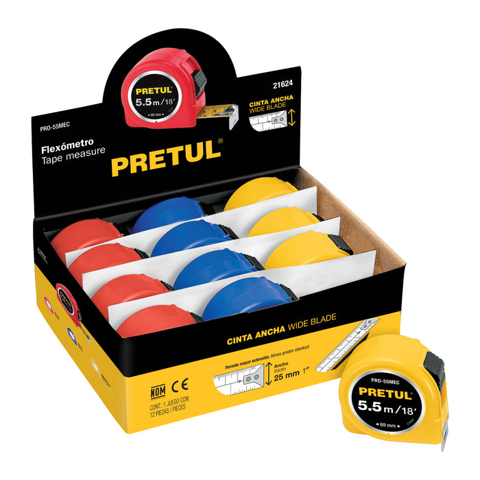 Flexómetro 5.5 m cinta 25 mm, display box con 12 pz, Pretul 21624 PRO-55MEC
