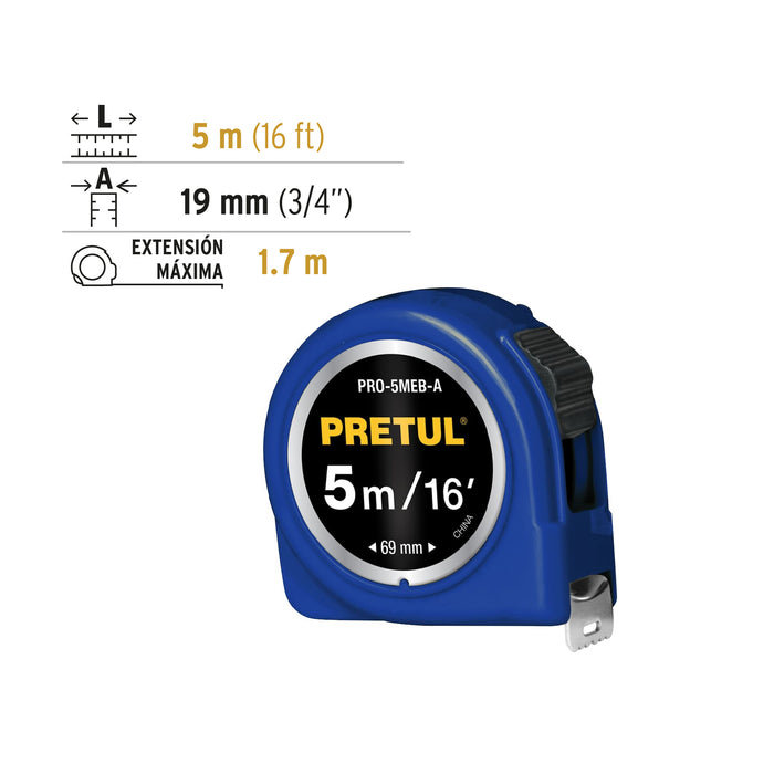 Flexómetro azul 5 m cinta 19 mm, en tarjeta, Pretul 21610 PRO-5MEB-A