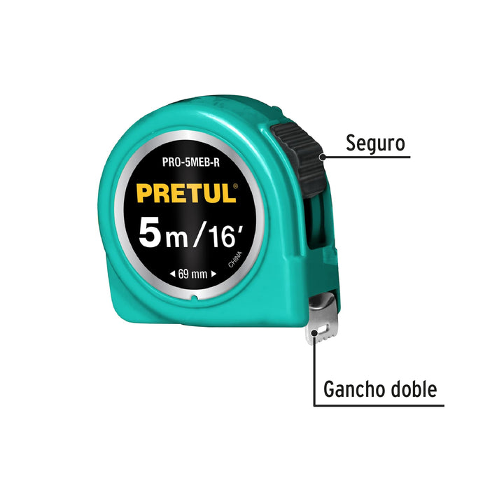 Flexómetro verde 5 m cinta 19 mm, en tarjeta, Pretul 21612 PRO-5MEB-R