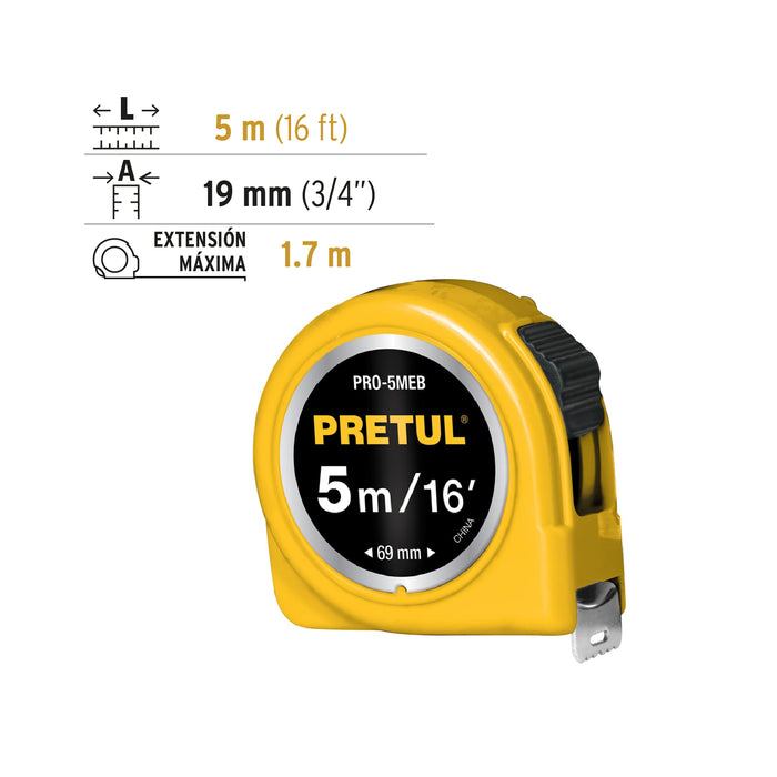 Flexómetro amarillo 5 m cinta 19 mm, en tarjeta, Pretul 21606 PRO-5MEB