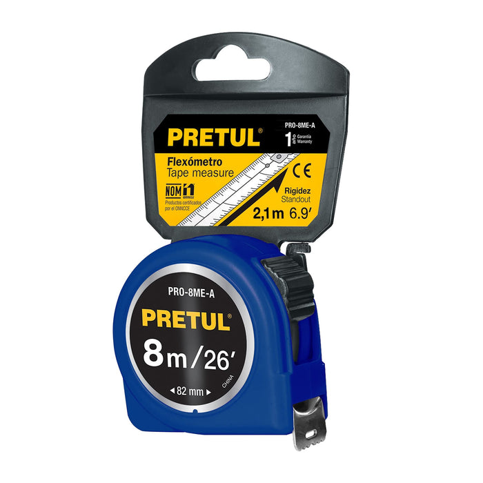 Flexómetro azul 8 m cinta 25 mm, en tarjeta, Pretul 29998 PRO-8ME-A