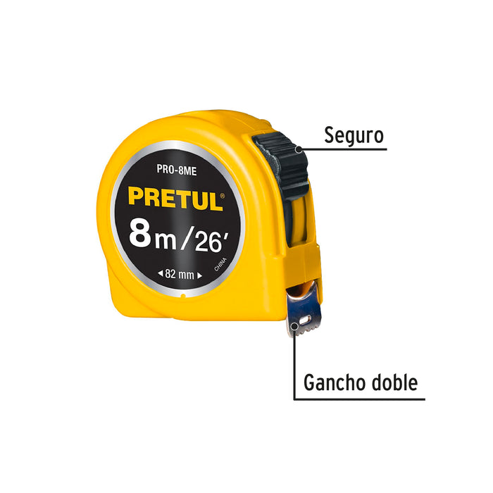 Flexómetro amarillo 8 m cinta 25 mm, en tarjeta, Pretul 21603 PRO-8ME