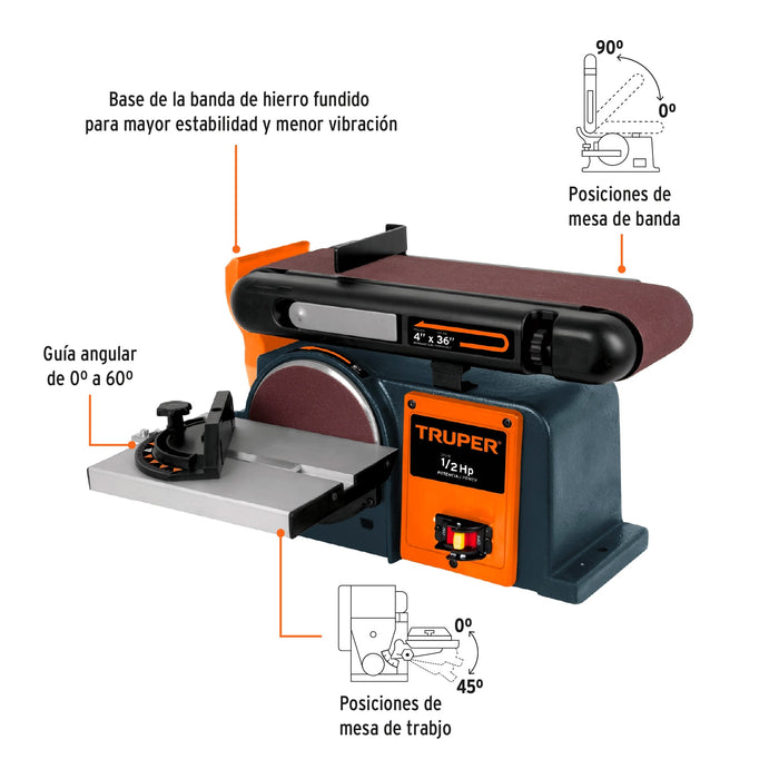 Lijadora de banda y disco 4 x 6', 1/2 HP (375 W), Truper 12110 PUL-4X6T