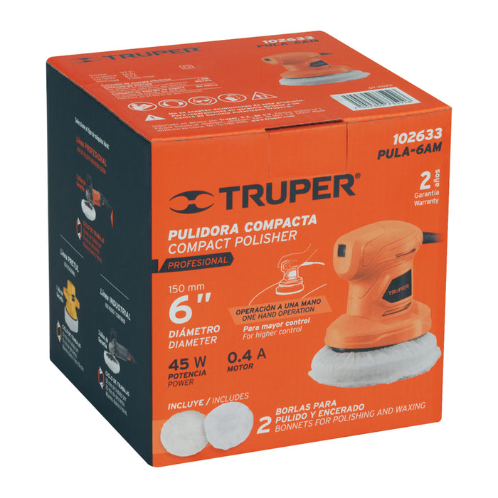 Pulidora compacta a una mano, 6', 45 W, profesional, Truper 102633 PULA-6AM