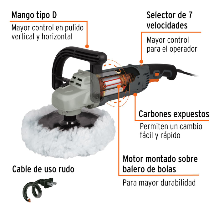 Pulidora velocidad variable 7', 1200 W, industrial, Truper 16673 PULA-7N