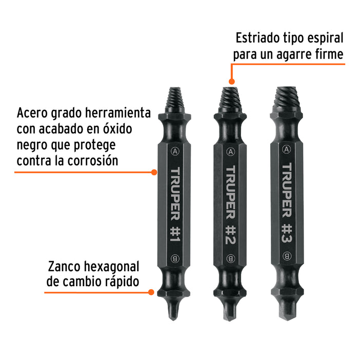 Blíster con 3 puntas extractoras de tornillos, Truper 103311 PUNE-3