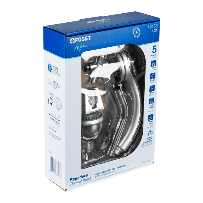 Regadera 3' con extensión tipo teléfono 5 funciones, Aqua 49433