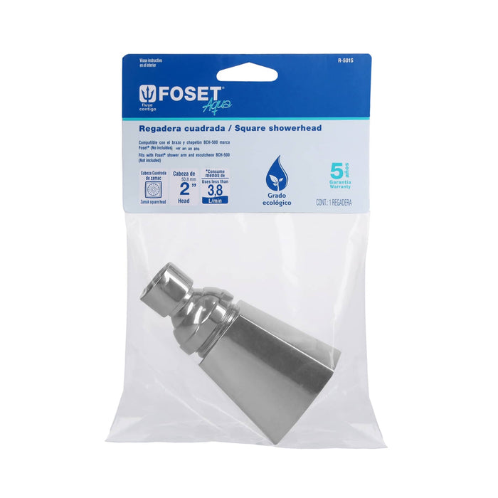 Regadera cuadrada metálica 2' sin brazo, Foset Aqua 44494