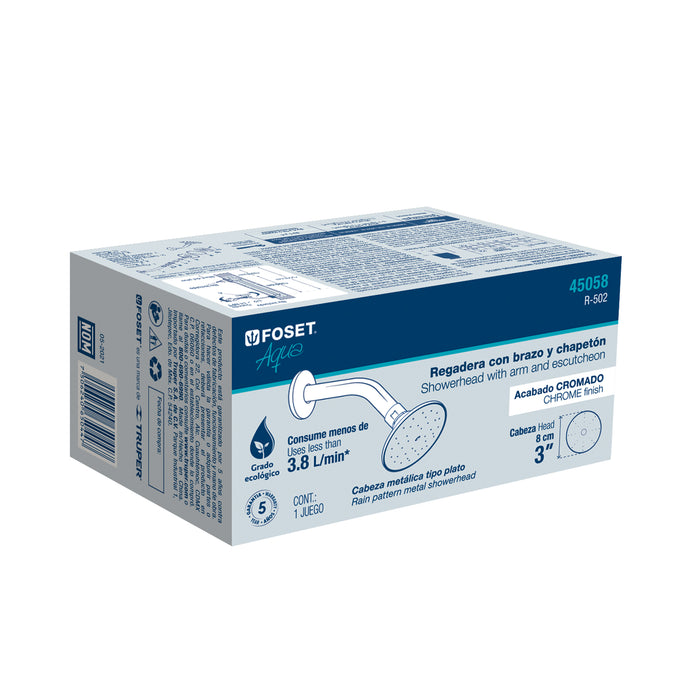 Regadera redonda 3' brazo y chapetón de acero, Foset Aqua 45058