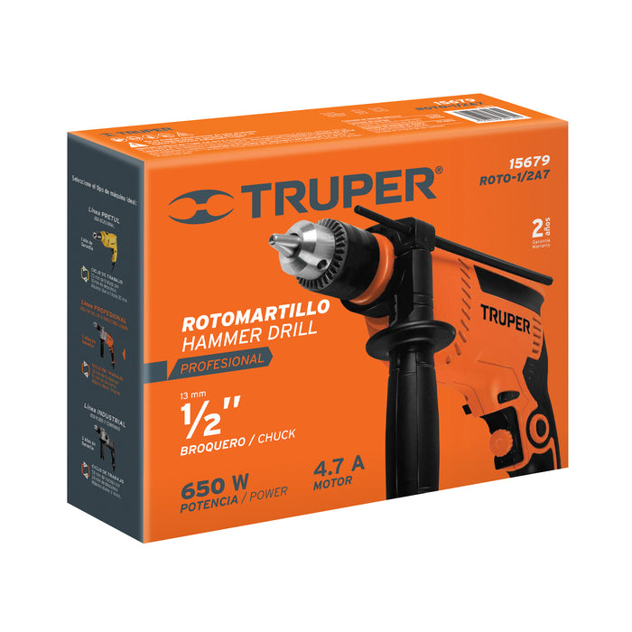 Rotomartillo 1/2' 650 W, profesional, Truper 15679 ROTO-1/2A7