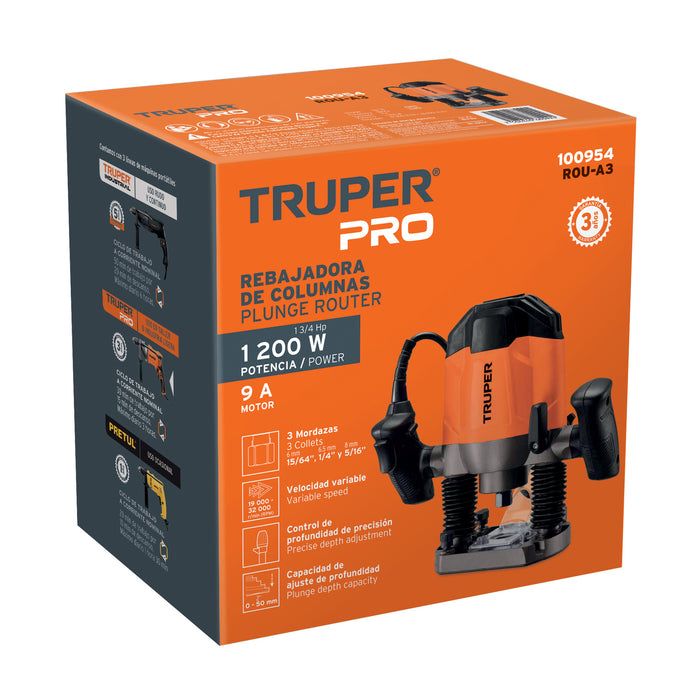 Router 1200 W, 1-3/4 HP, profesional, Truper 100954 ROU-A3