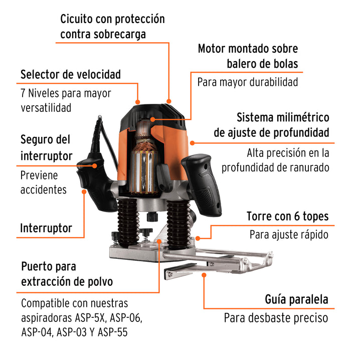 Router 1200 W, 1-3/4 HP, profesional, Truper 100954 ROU-A3