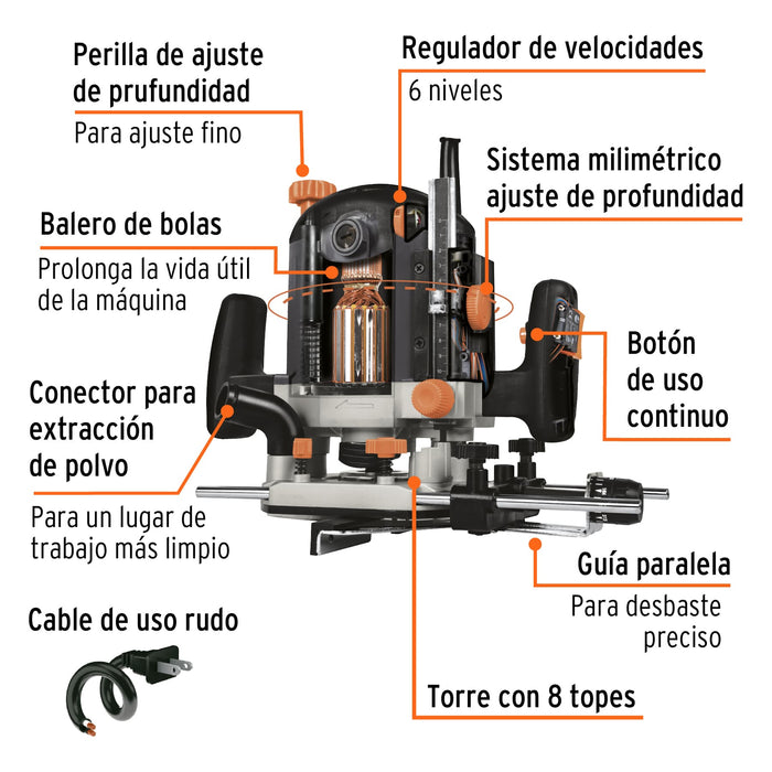 Router 1200 W, 1-3/4 HP, industrial, Truper 16610 ROU-N3