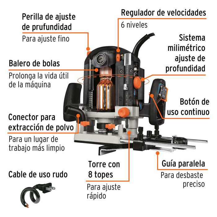 Router 1800 W, 2-1/2 HP, industrial, Truper 16611 ROU-NX2