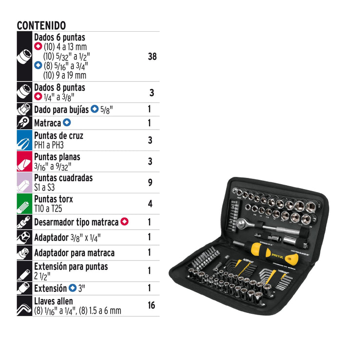 Juego de 83 herramientas 1/4' y 3/8' para mecánico, Pretul 22984 SET-85