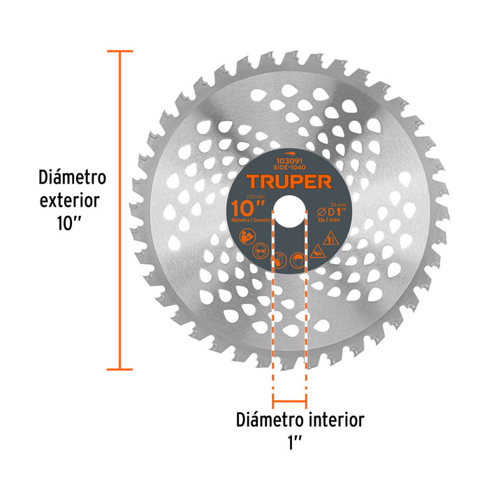 Disco sierra 10' p/desbrozadora, 40 dientes, Truper 103091 SIDE-1040