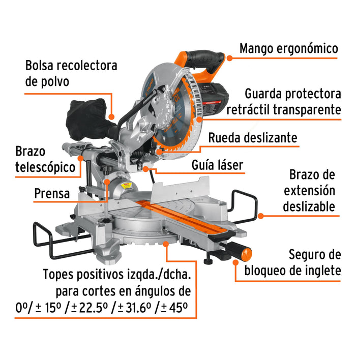 Sierra de inglete 10', 1900 W telescópica compuesta, Truper 16869 SINCO-10X2