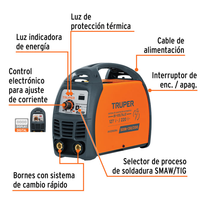 Soldadora inversora bi-voltaje 200 A, 127 V/220 V, Truper Código: 16053