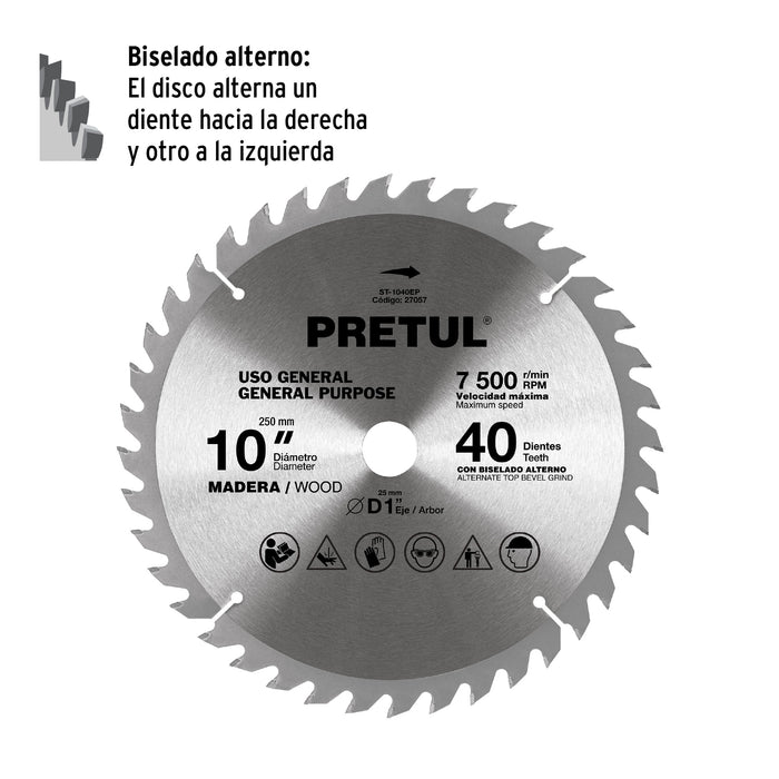 Disco sierra 10' para madera, 40 dientes centro 1', Pretul 27057 ST-1040EP