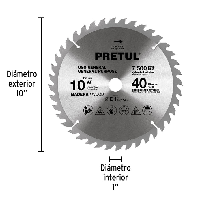 Disco sierra 10' para madera, 40 dientes centro 1', Pretul 27057 ST-1040EP