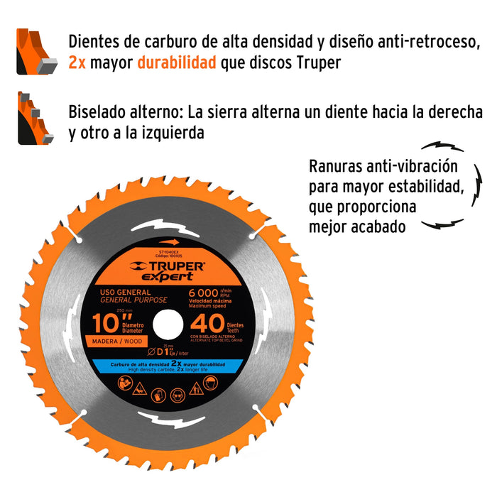 Disco sierra 10' para madera, 40 dientes centro 1', Expert 100105 ST-1040EX