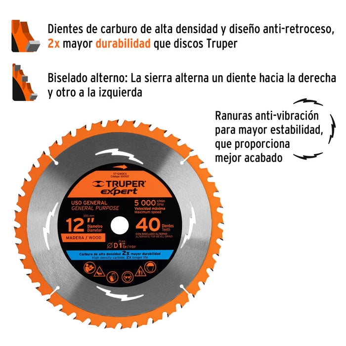 Disco sierra 12' para madera, 40 dientes centro 1', Truper 18311 ST-1240E