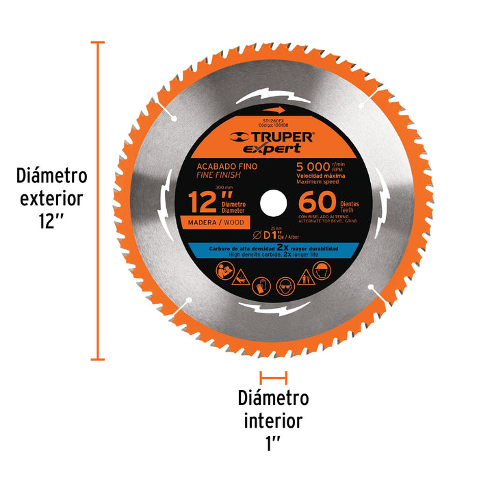 Disco sierra 12' para madera, 60 dientes centro 1', Truper 18312 ST-1260E