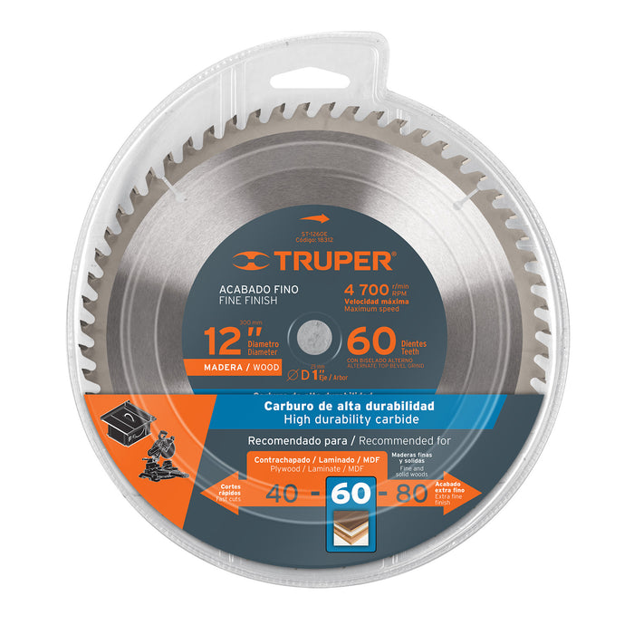 Disco sierra 12' para madera, 60 dientes centro 1', Truper 18312 ST-1260E