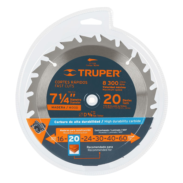 Disco sierra 7- 1/4' para madera, 20 dientes centro 5/8' 18299 ST-720
