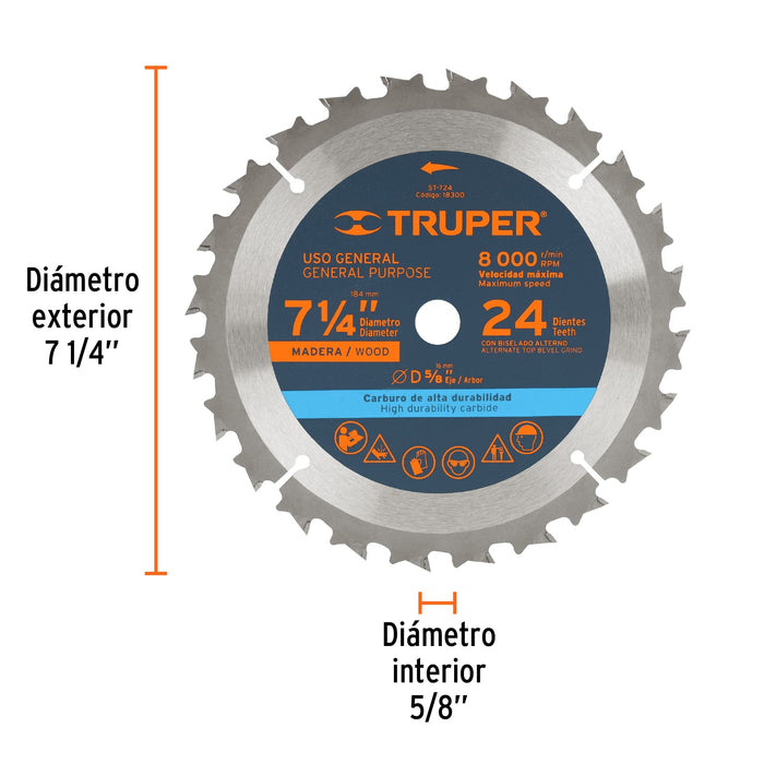 Disco sierra 7- 1/4' para madera, 24 dientes centro 5/8' 18300 ST-724
