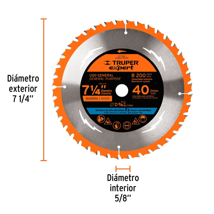 Disco sierra 7- 1/4' para madera, 40 dientes centro 5/8' 18301 ST-740