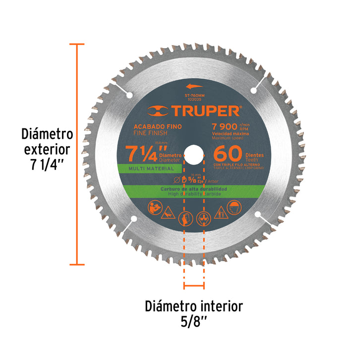 Disco sierra 7-1/4' multimaterial, 60 dientes centro 5/8' 103035 ST-760MM