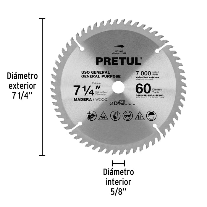 Disco sierra 7-1/4' p/madera, 60 dientes centro 5/8', Pretul 27059 ST-760P