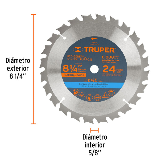 Disco sierra 8-1/4' para madera, 24 dientes centro 5/8' 18302 ST-824