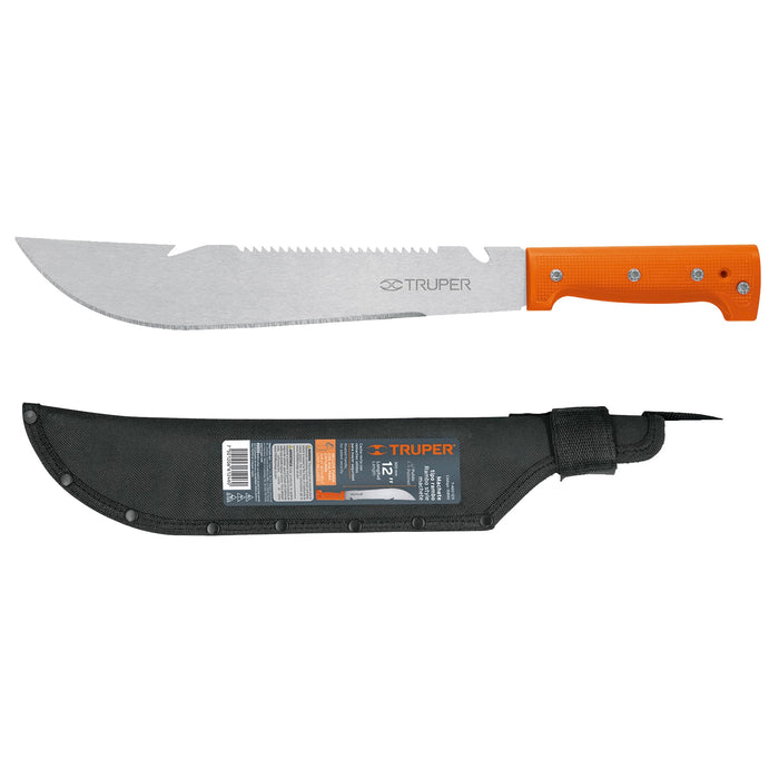 Machete rambo 12' cacha remachada naranja, con funda, Truper 15890 T-460-12X