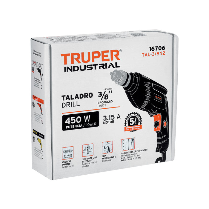 Taladro 3/8' 450 W, industrial, Truper 16706