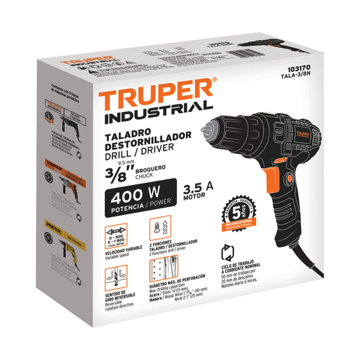 Taladro atornillador 3/8' 400 W, Industrial, Truper Código: 103170