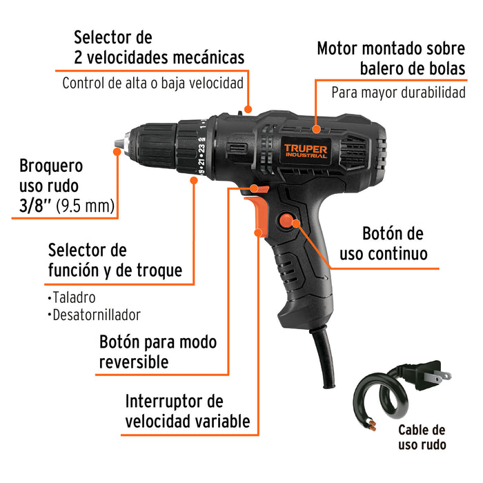Taladro atornillador 3/8' 400 W, Industrial, Truper Código: 103170