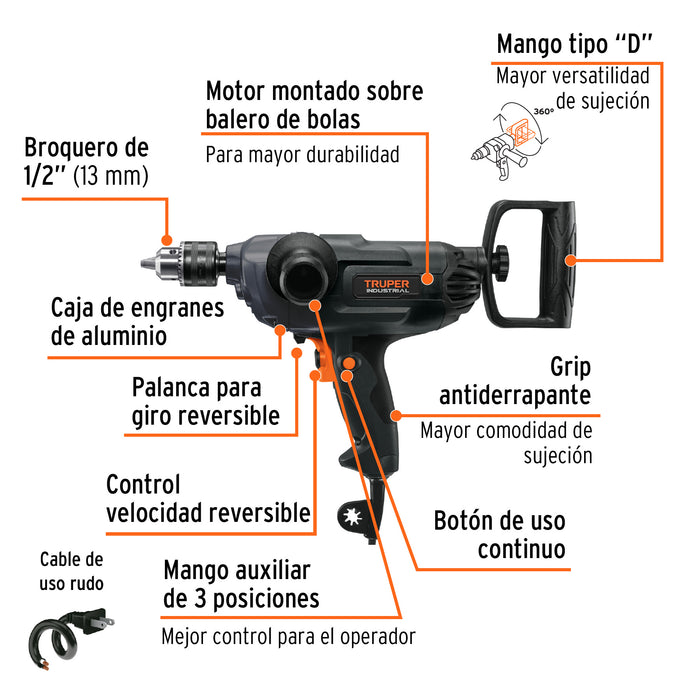 Taladro tipo espada 1/2' 1150 W, industrial, Truper 16714
