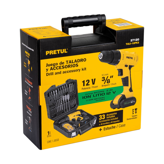 Kit taladro inalámbrico 3/8', 12 V, y accesorios en maleta 27097 TALI-12PK