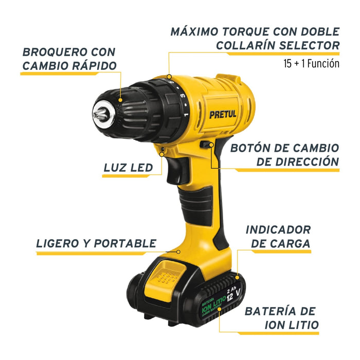 Taladro inalámbrico 3/8', 12 V, Pretul 29975 TALI-12P
