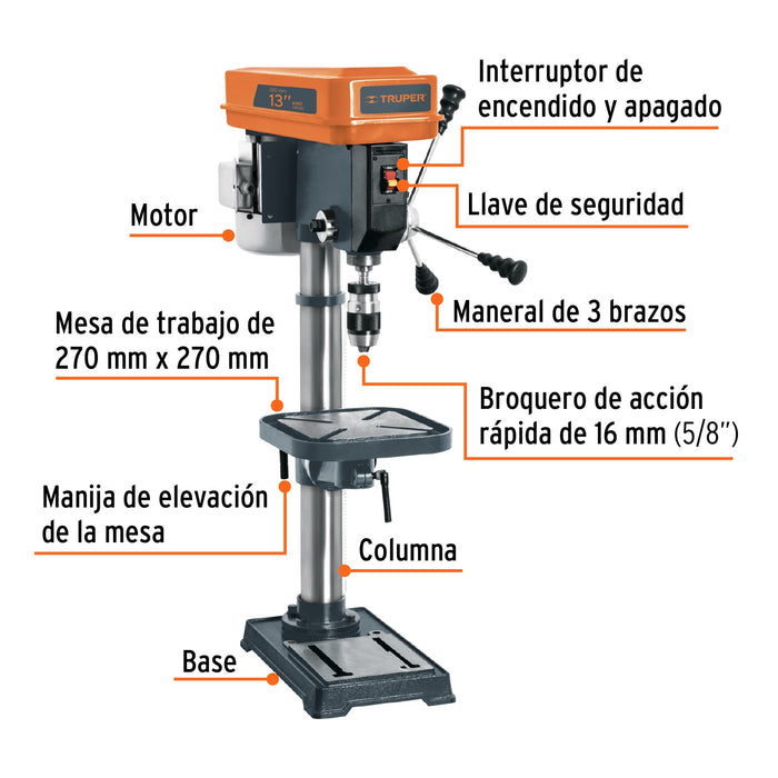 Taladro de piso 13', 3/4 HP (560 W), broquero 5/8', Truper 16178 TAPI-13