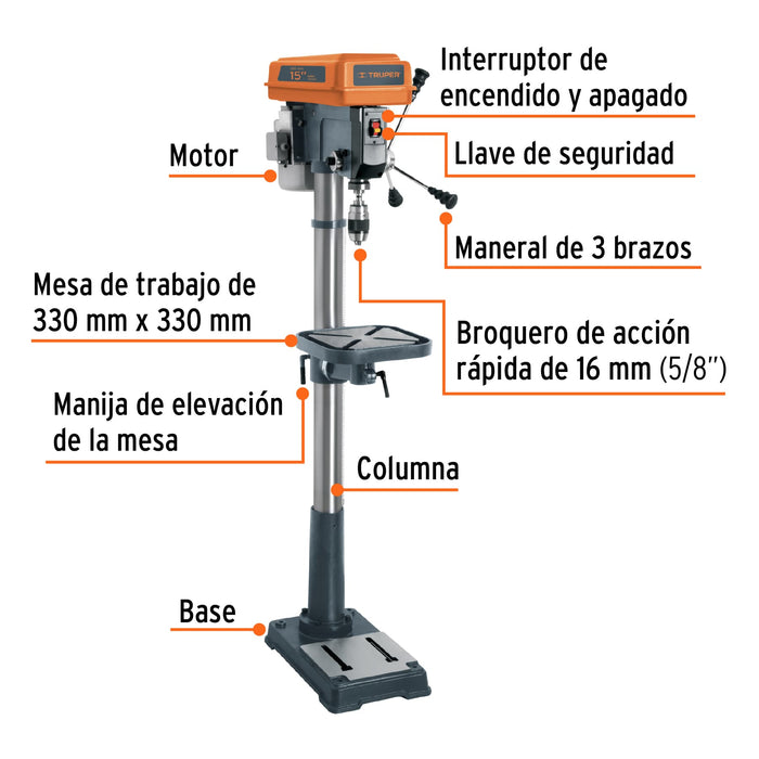 Taladro de piso 15', 1 HP (750 W), broquero 5/8', Truper 16180 TAPI-15