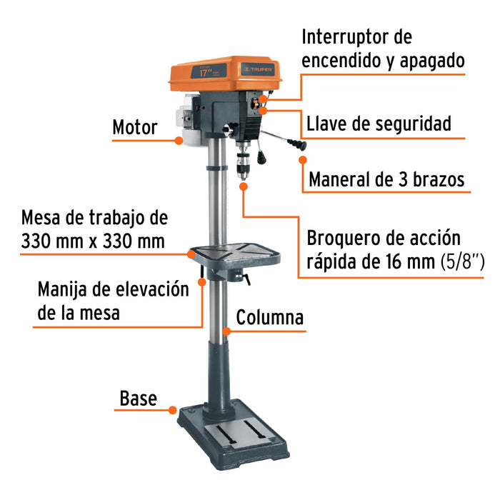 Taladro de piso 17', 1-1/2 HP (1200 W), broquero 5/8',Truper 16182 TAPI-17