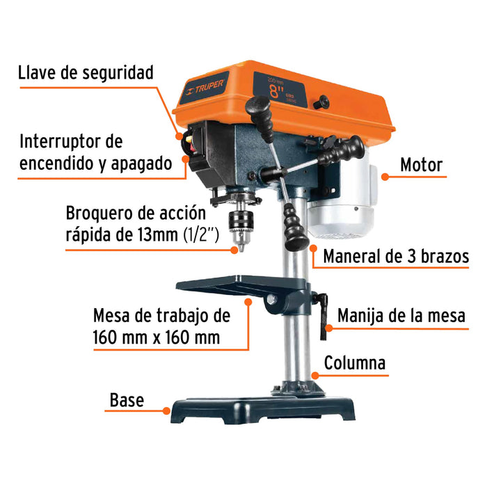 Taladro de piso 8', 1/3 HP (250 W), broquero 1/2', Truper 16174 TAPI-8