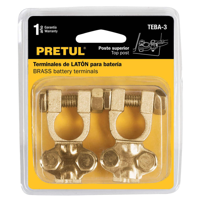 Blíster 2 terminales p/batería, latón poste superior, Pretul 23042 TEBA-3