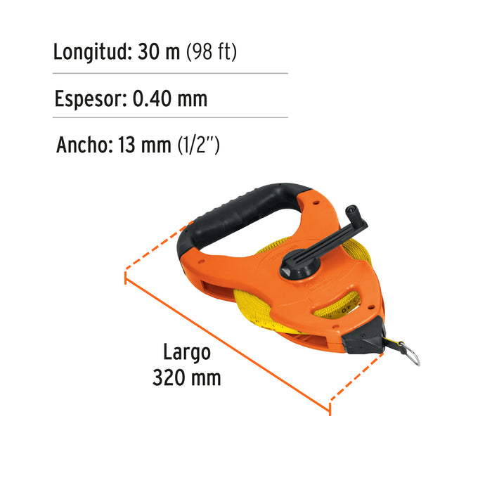 Cinta larga 30 m de fibra de vidrio, tipo cruceta, Truper 12646 TFC-30ME