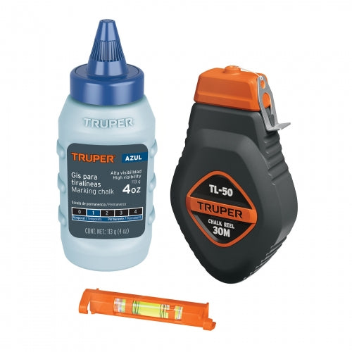 Tiralíneas plástico con gis y nivel 30 m (100 ft), Truper 18574 TL-50