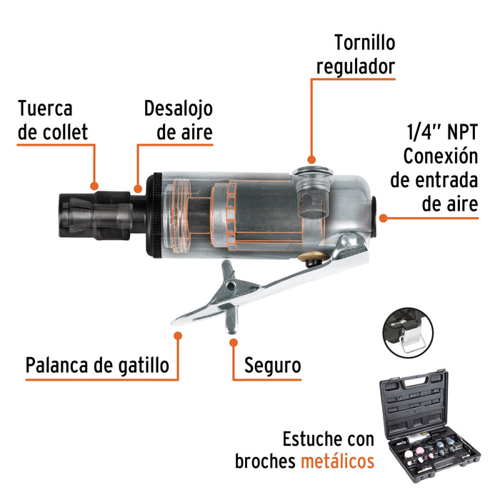 Kit de mini esmeriladora 1/4' con estuche plástico, Truper 16887 TPN-876K-2